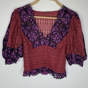Whimsigoth Free people Sheer french Lace Puff Sleeve Blouse XS